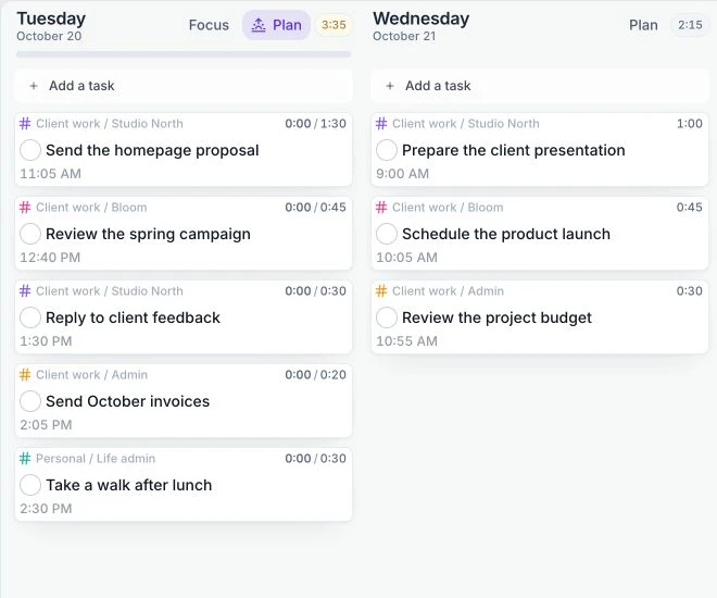 Juno's current board with example tasks and time estimates