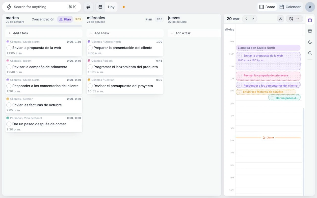 Planificador actual de Juno con tareas de ejemplo de clientes