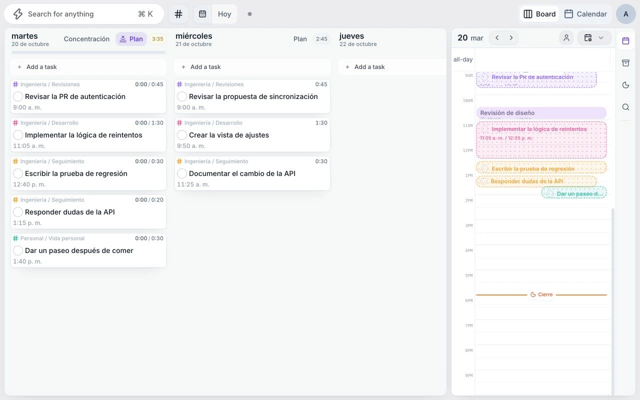 El planificador actual de Juno con tareas de ejemplo de revisión de código y desarrollo