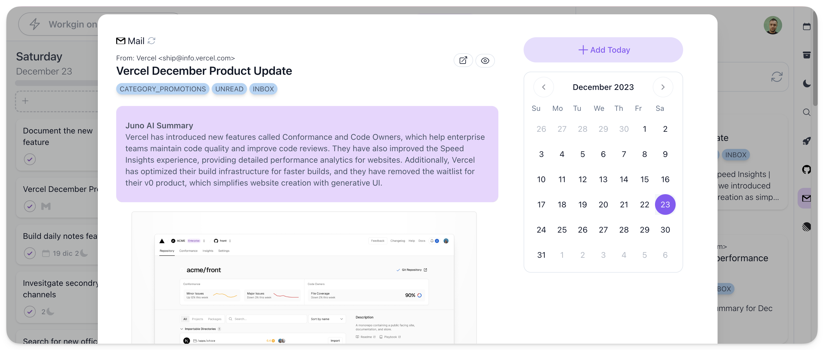 Email work reviewed inside Juno