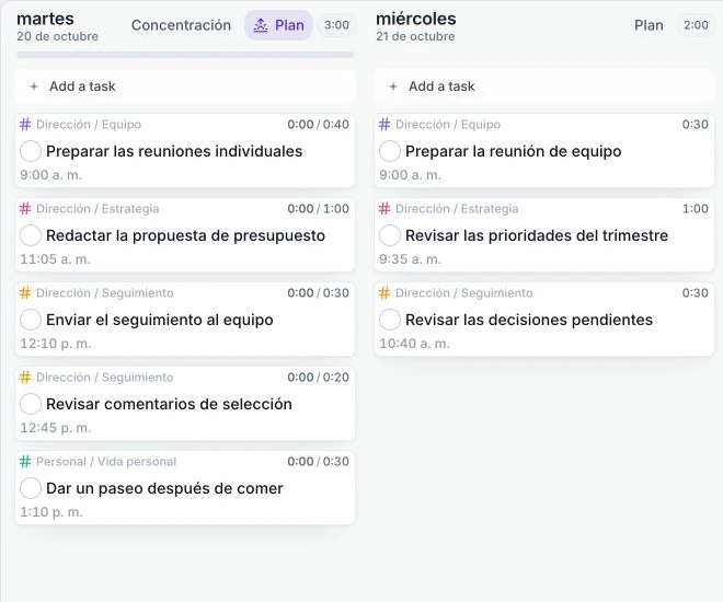 El planificador actual de Juno con tareas de ejemplo de preparación y seguimiento de dirección