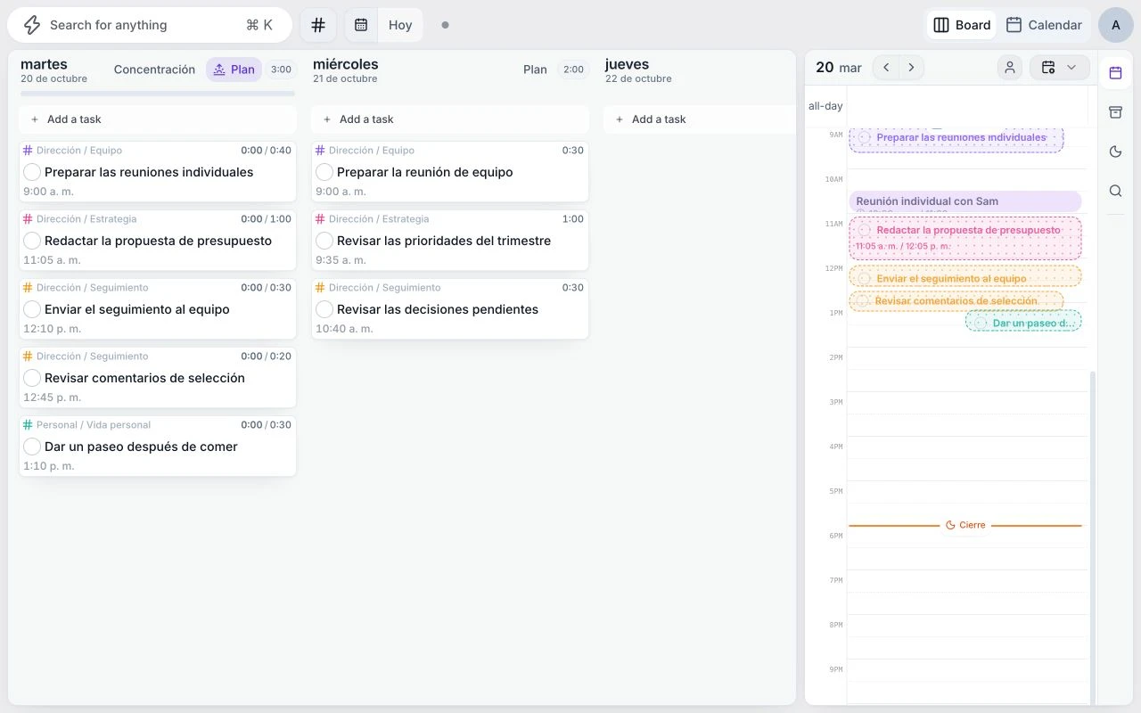 El planificador actual de Juno con tareas de ejemplo de preparación y seguimiento de dirección