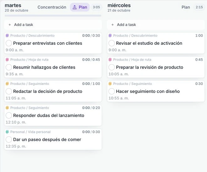 El planificador actual de Juno con tareas de ejemplo de investigación y planificación de producto