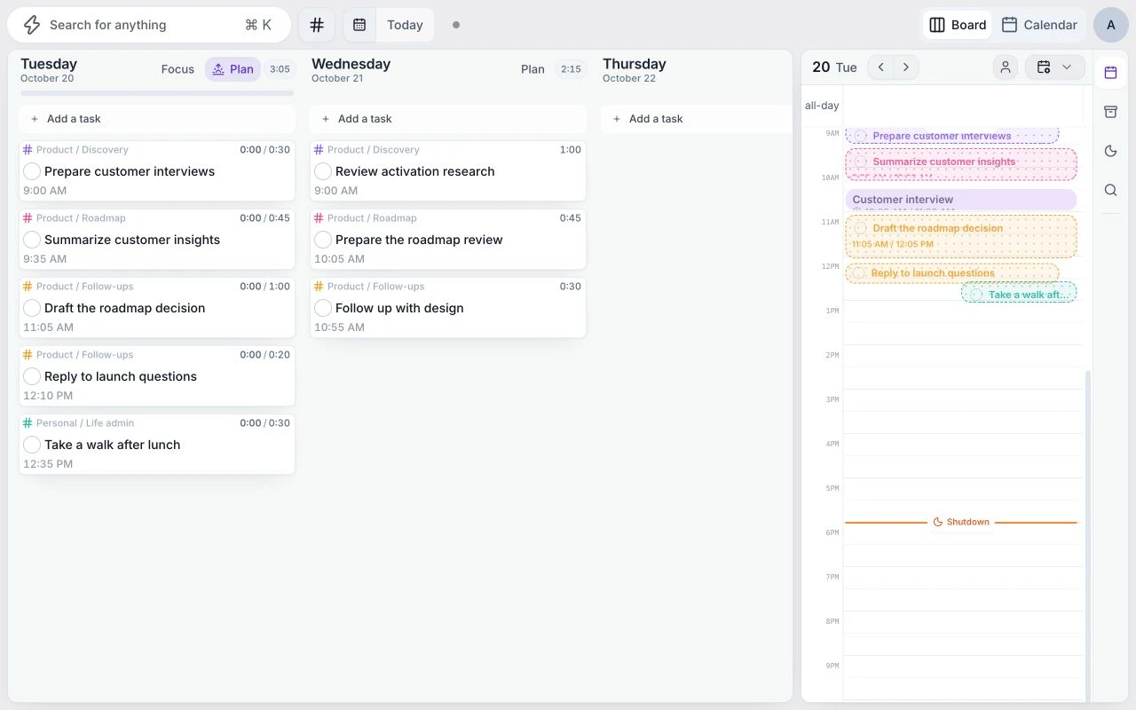 Juno’s current planner with example product research and roadmap tasks