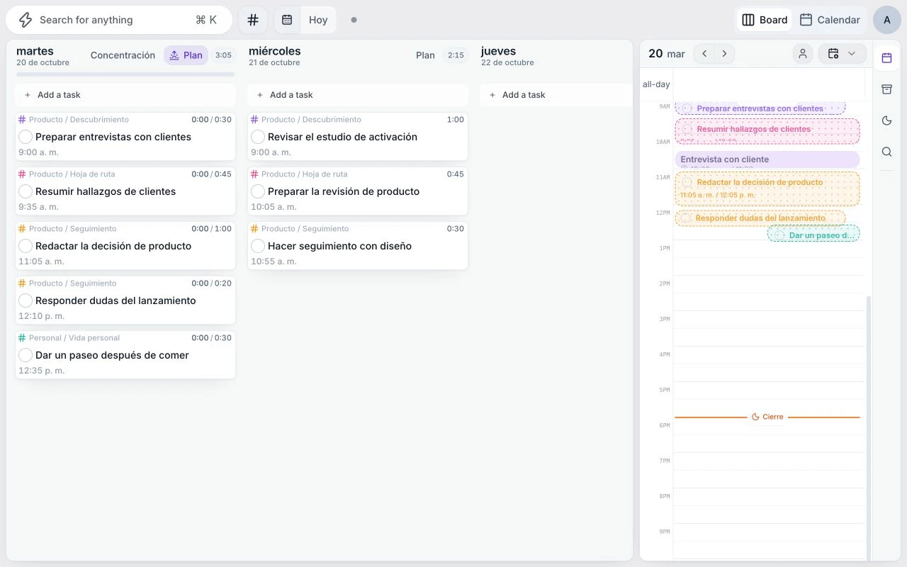 El planificador actual de Juno con tareas de ejemplo de investigación y planificación de producto