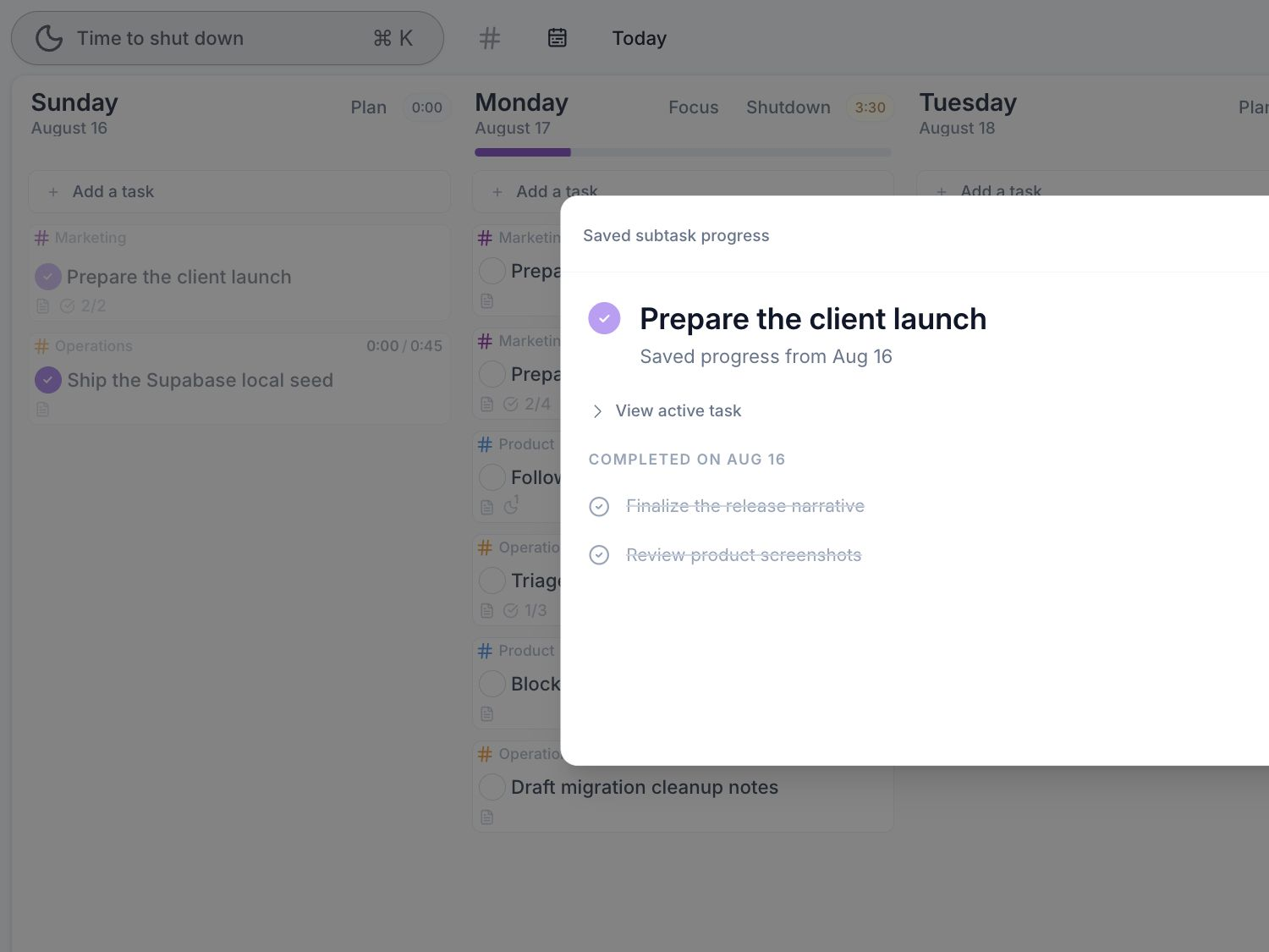Completed subtasks kept in a Juno task history